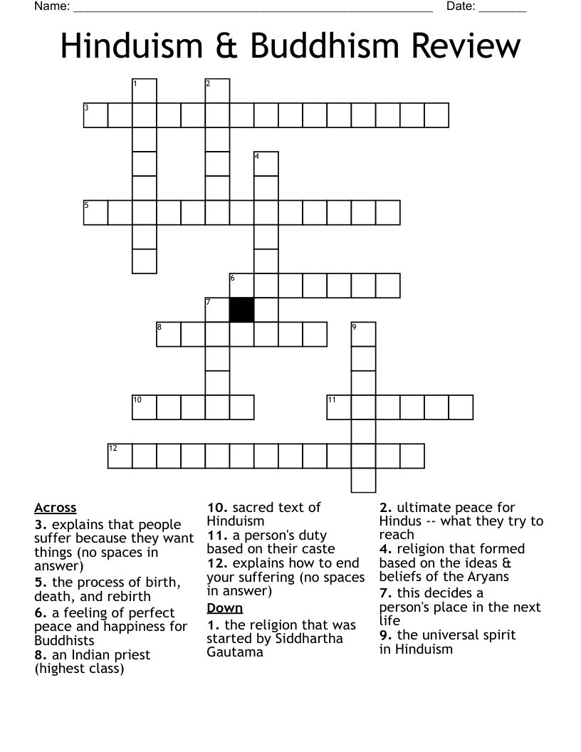 Hinduism & Buddhism Review Crossword