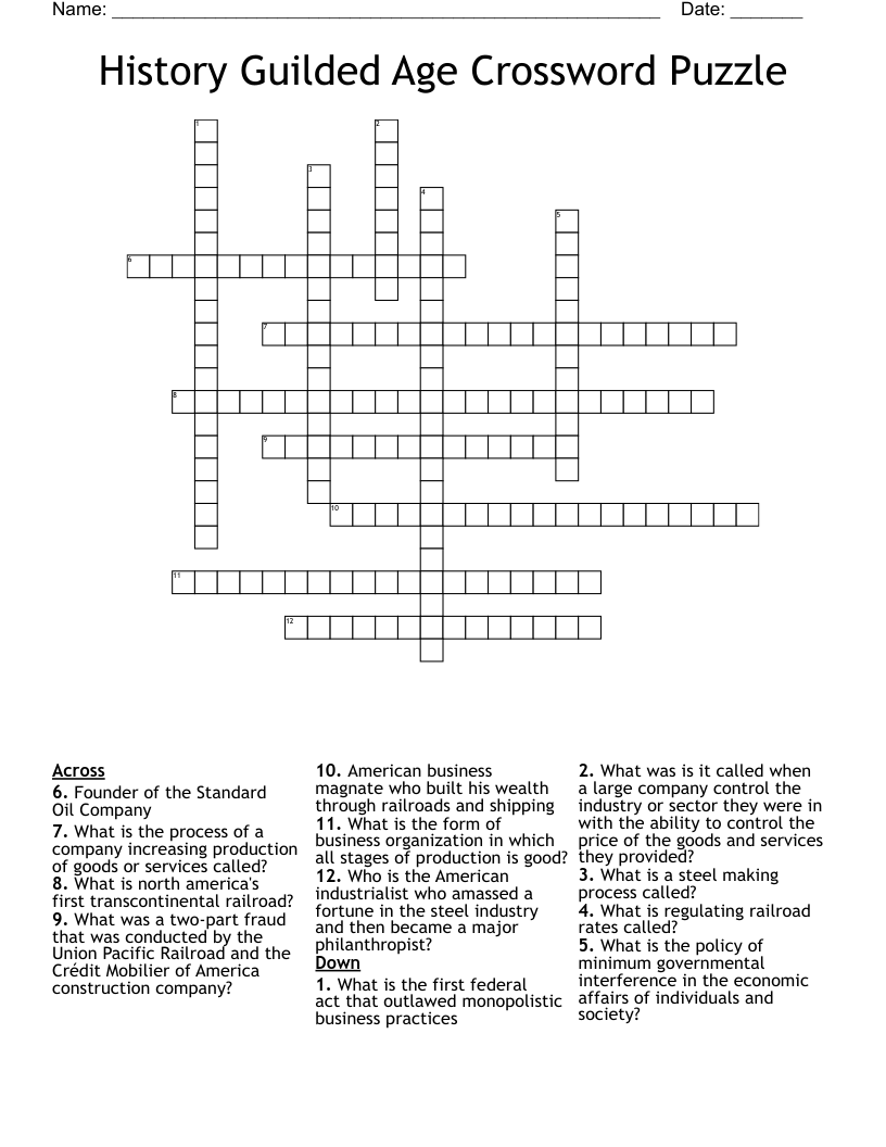 History Guilded Age Crossword Puzzle 