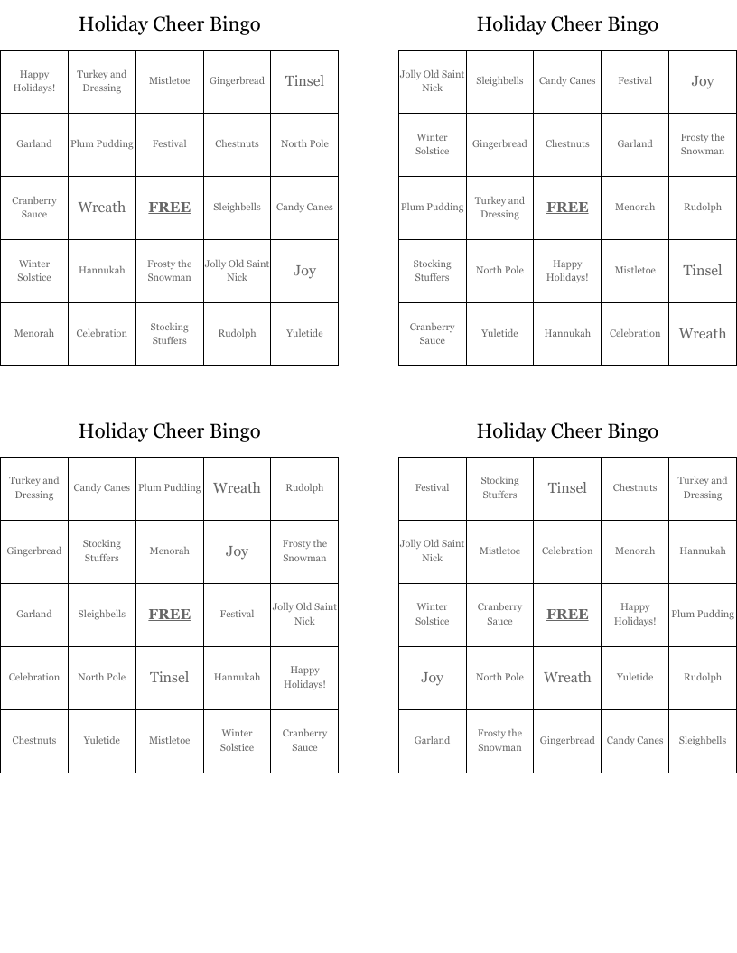 Holiday Cheer Bingo