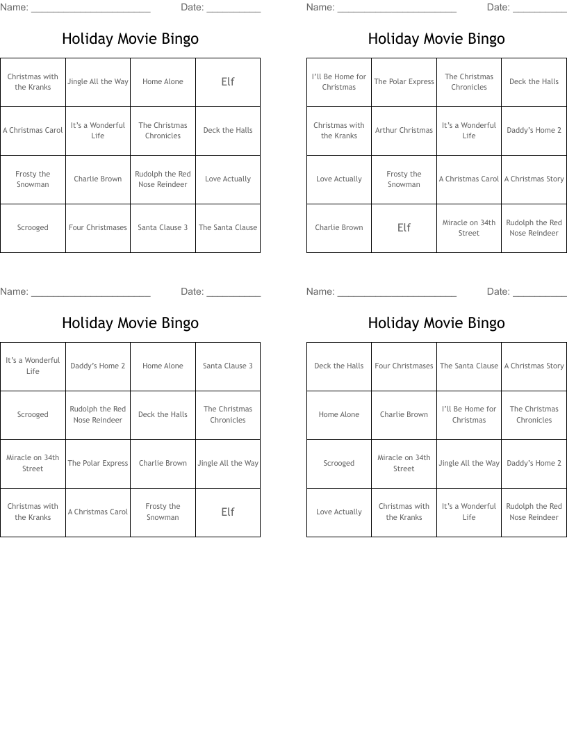 Holiday Movie Bingo 
