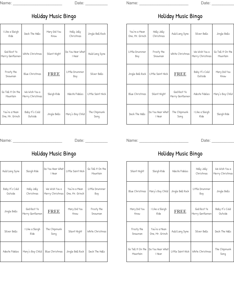 Holiday Music Bingo