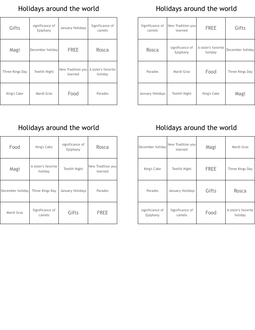 Holidays around the world Bingo Cards