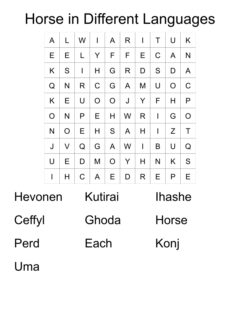 Horse in Different Languages Word Search