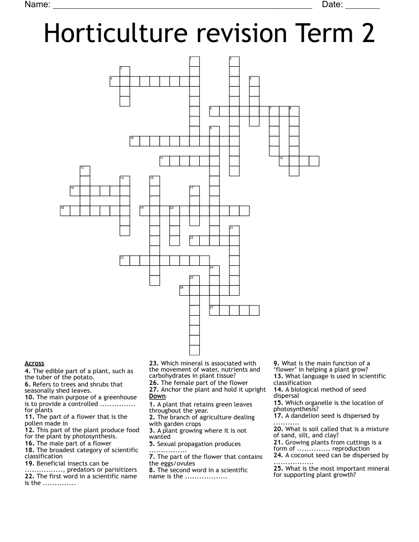 Horticulture revision Term 2 Crossword