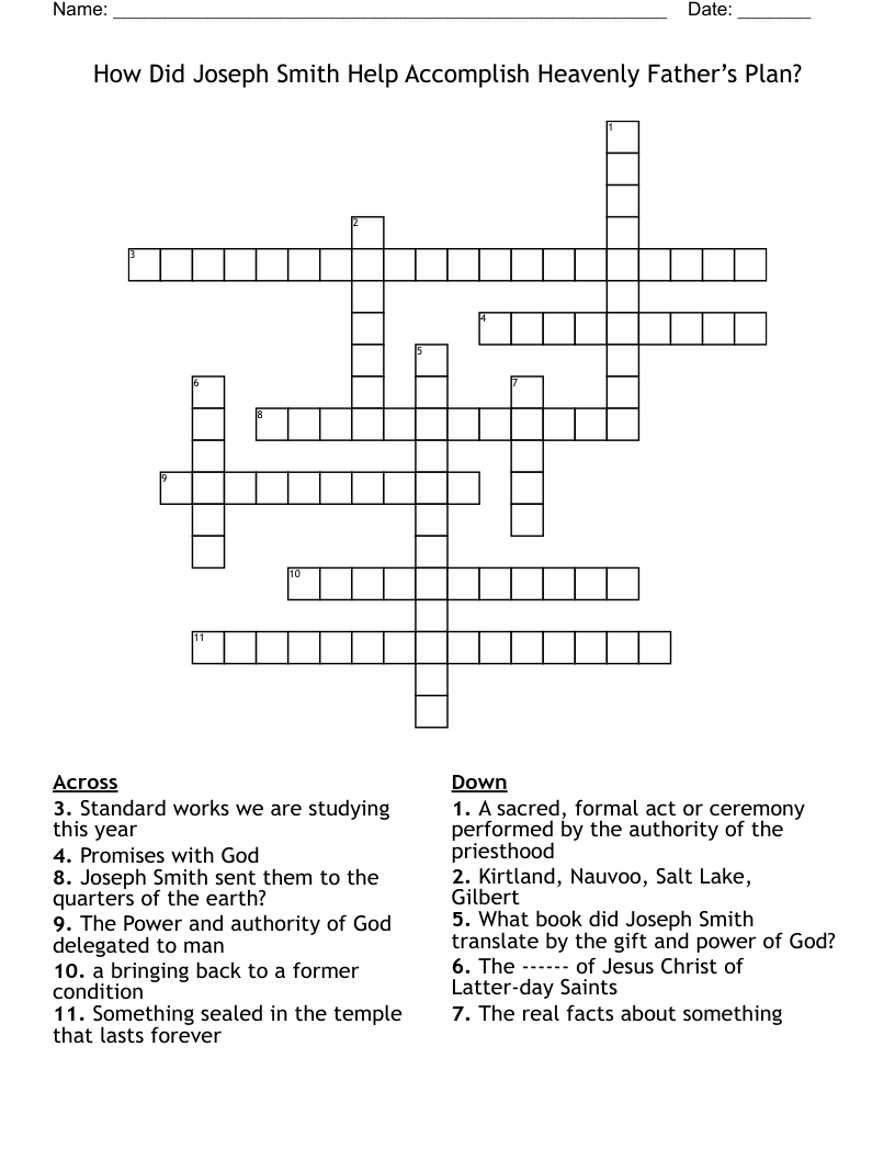 How Did Joseph Smith Help Accomplish Heavenly Father’s Plan? Crossword