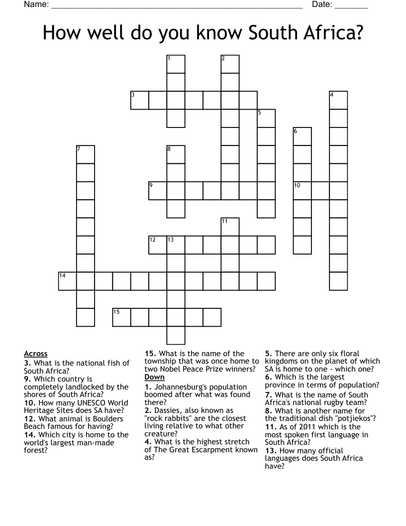 How well do you know South Africa? Crossword
