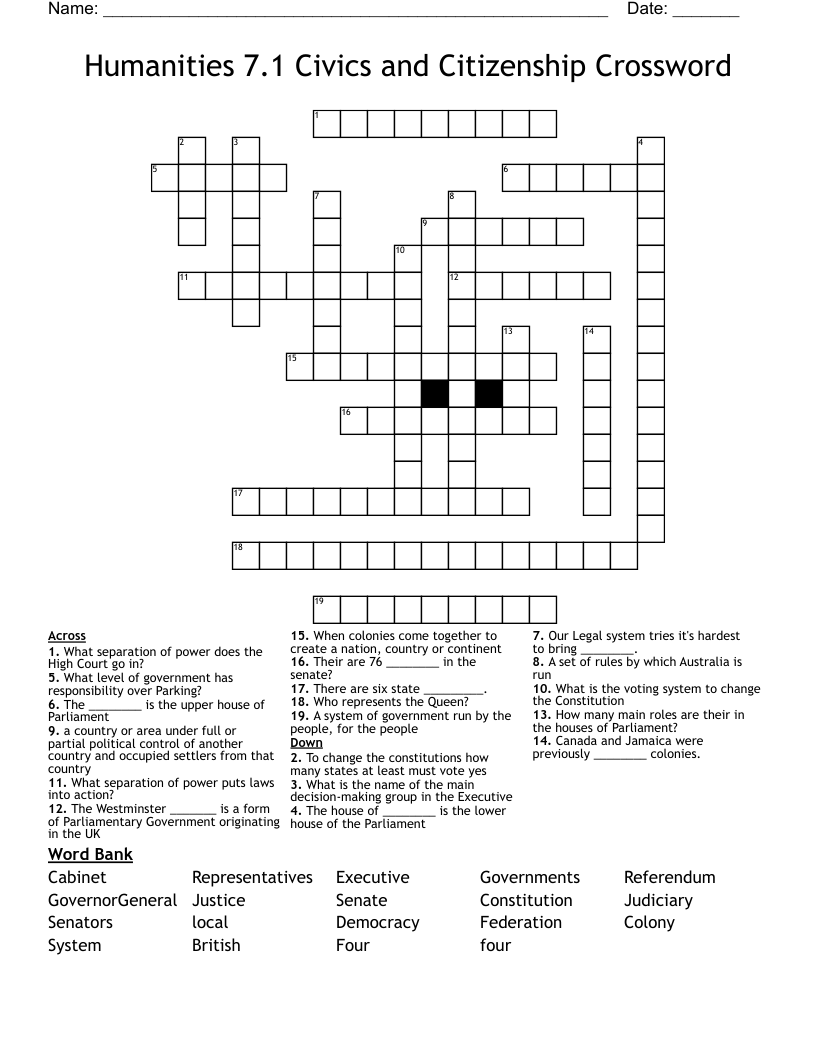 Humanities 7.1 Civics and Citizenship Crossword