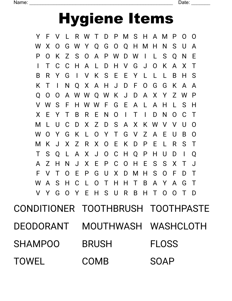 Hygiene Items Word Search