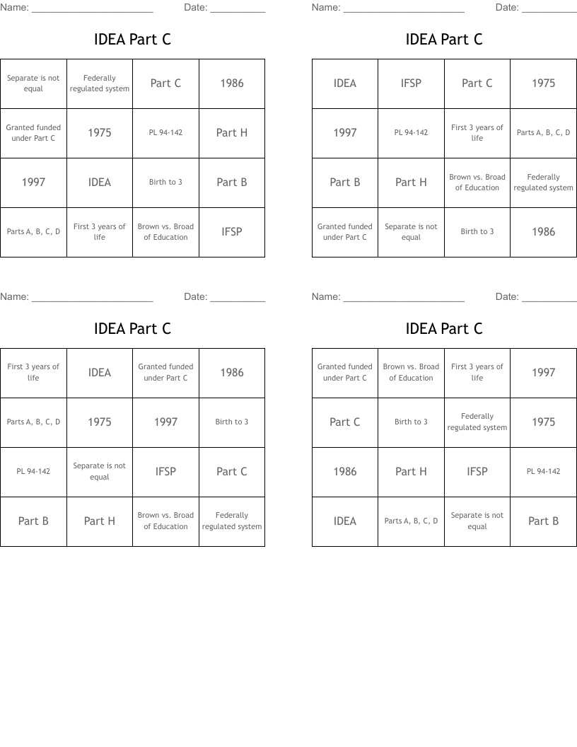 IDEA Part C Bingo Cards