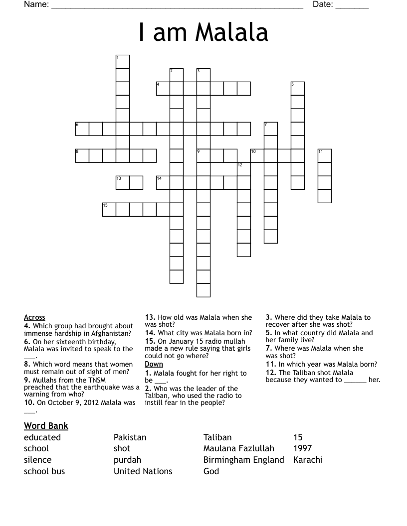 I am Malala Crossword