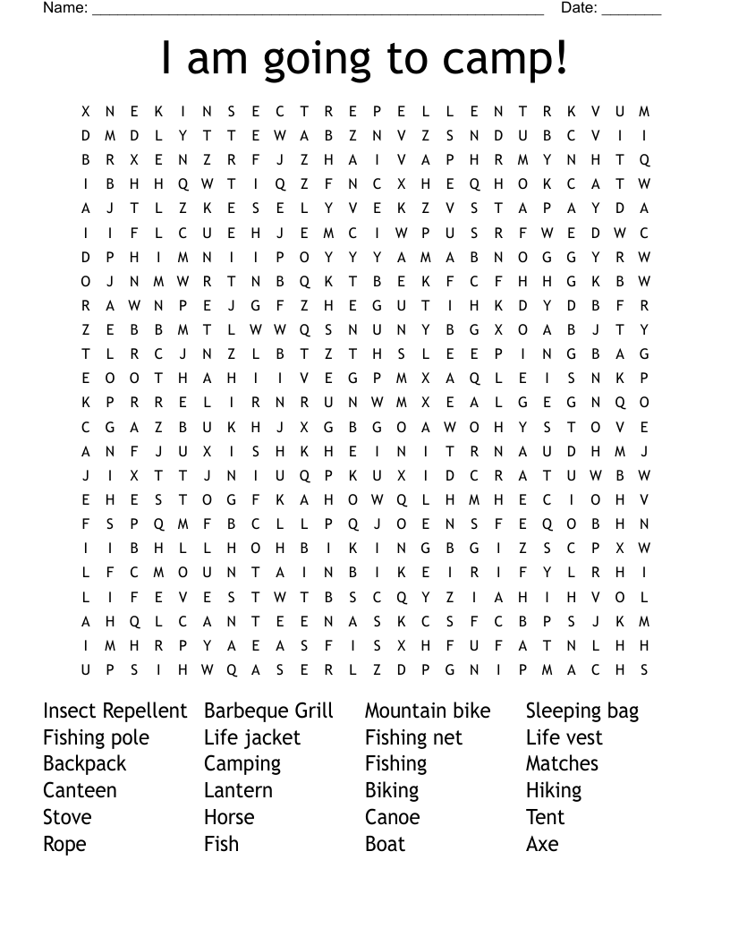 I am going to camp! Word Search