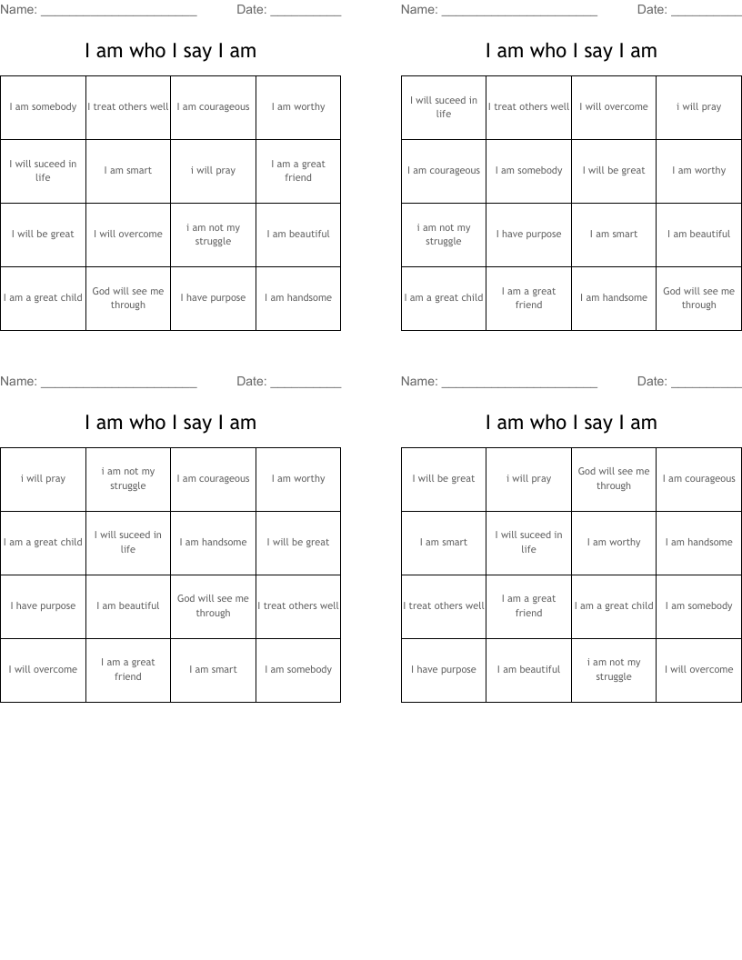 I am who I say I am Bingo Cards
