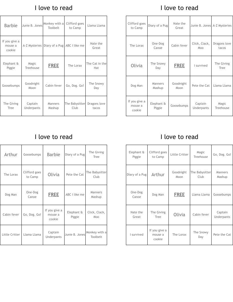 I love to read Bingo Cards