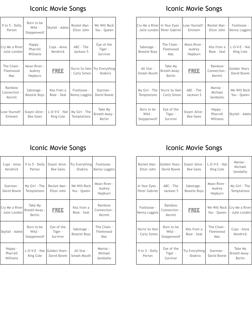 Iconic Movie Songs  Bingo Cards