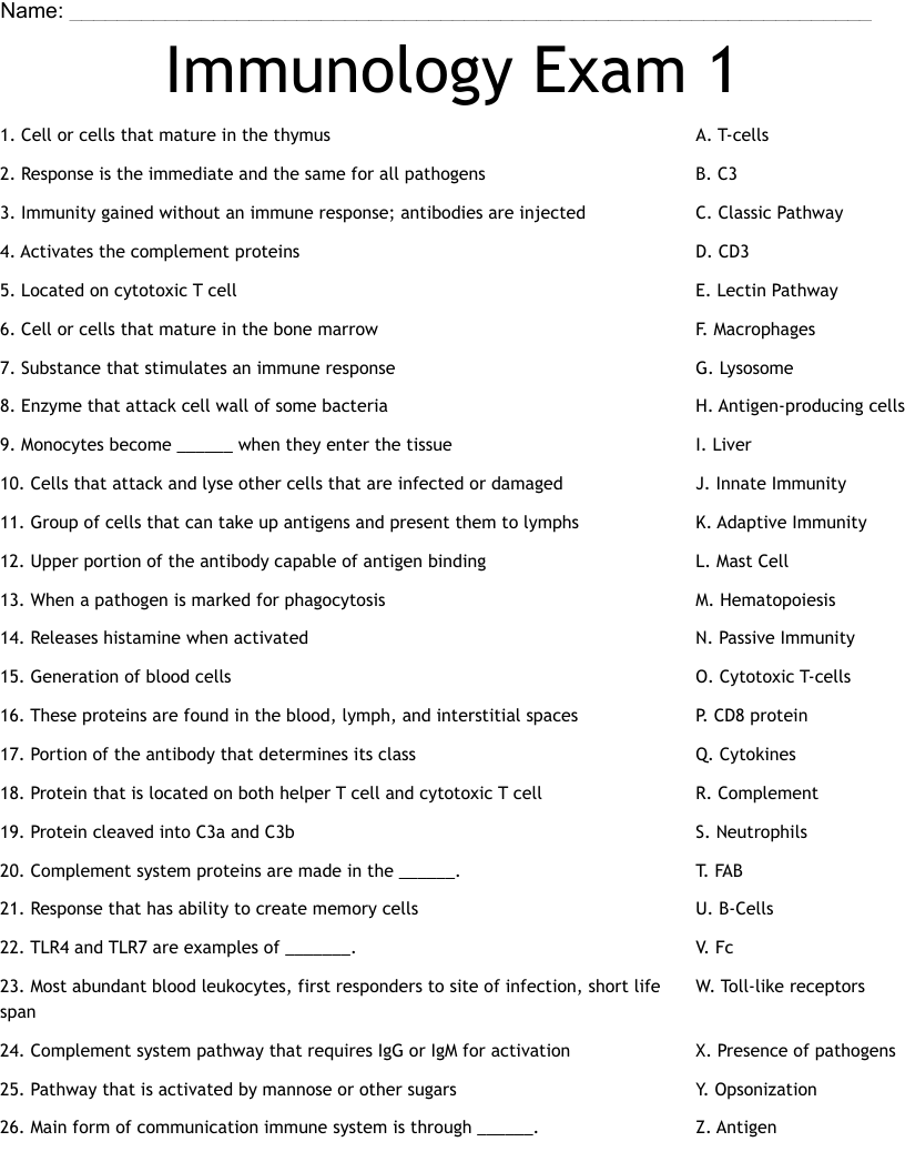 Immunology Exam 1  Worksheet