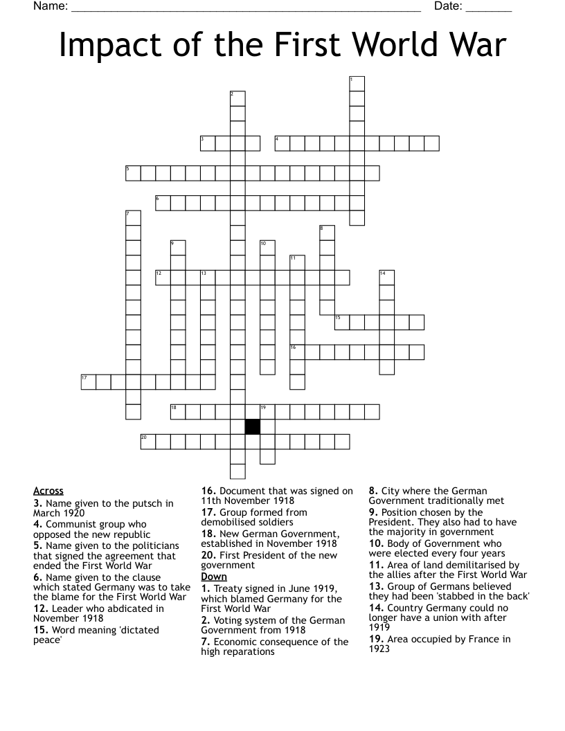 Impact of the First World War Crossword