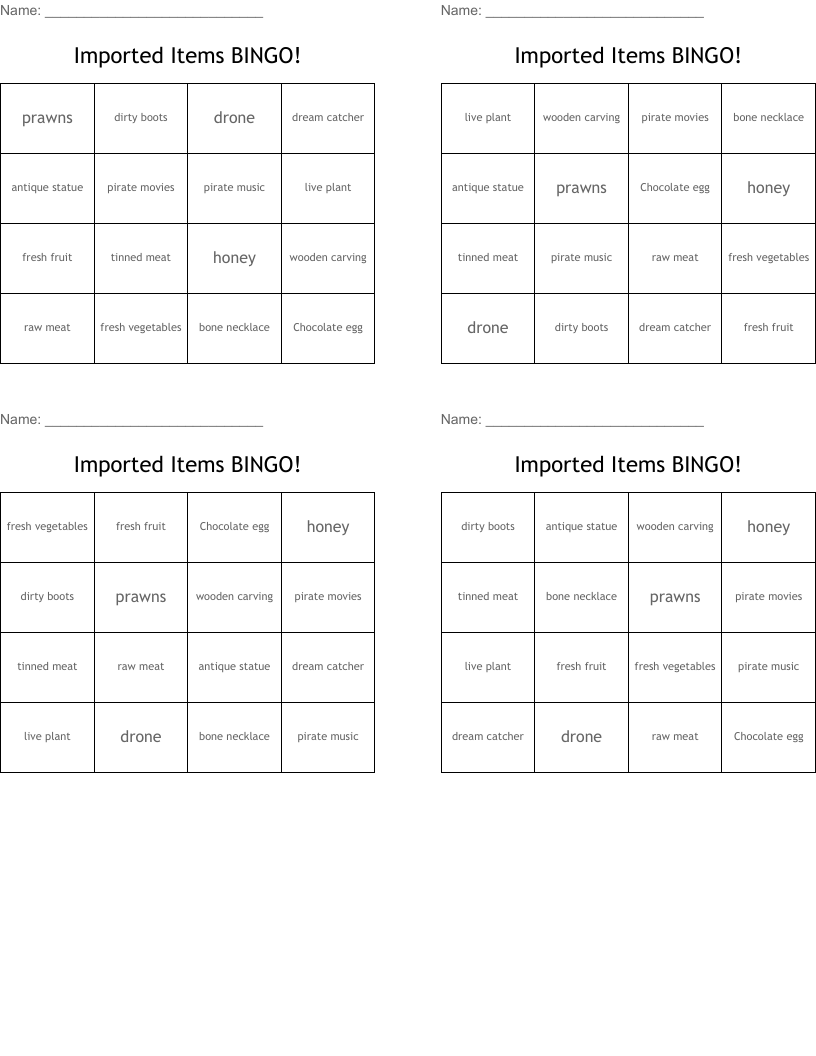 Imported Items BINGO!