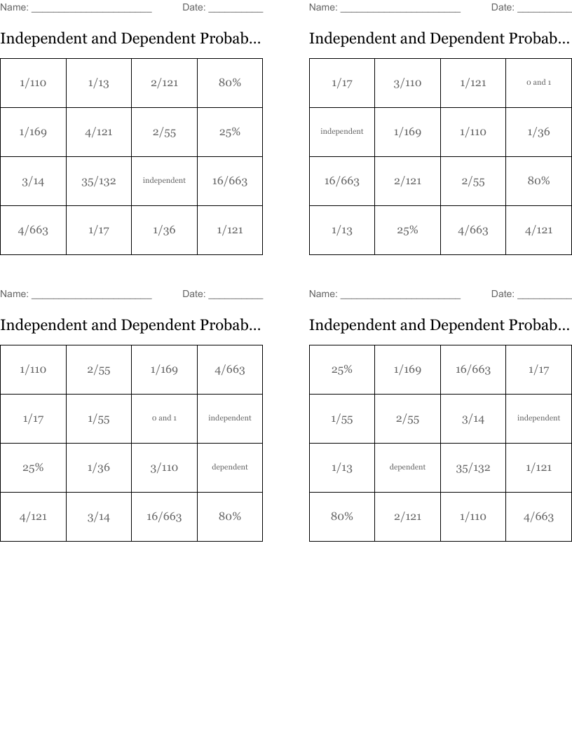 Independent and Dependent Probability Bingo