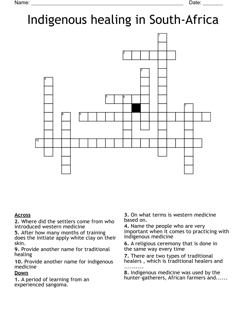 Indigenous healing in South-Africa  Crossword