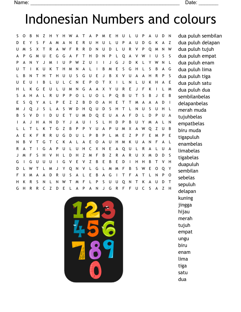 Indonesian Numbers and colours Word Search