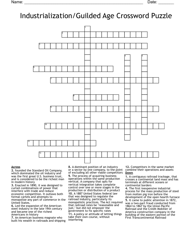 Industrialization/Guilded Age Crossword Puzzle