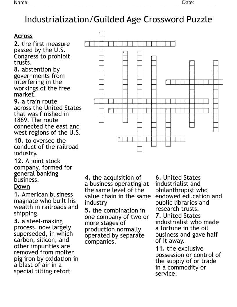 Industrialization/Guilded Age Crossword Puzzle