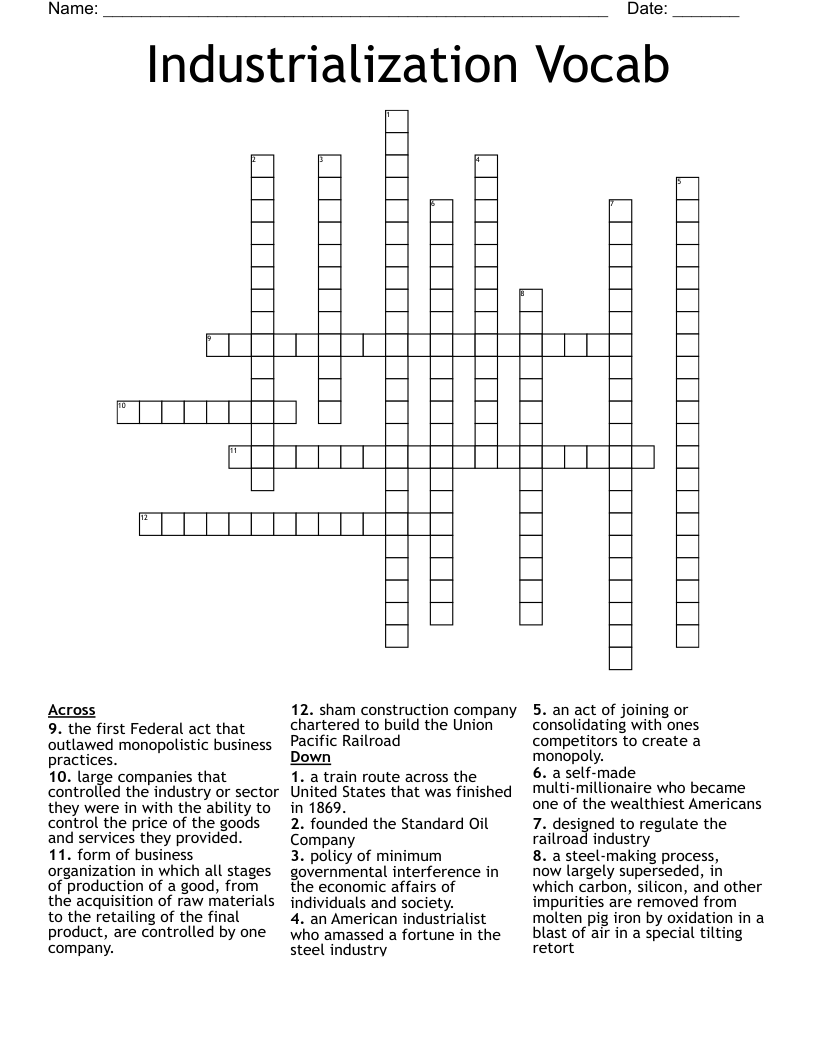 Industrialization Vocab Crossword