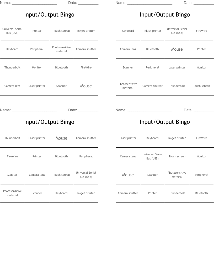 Input/Output Bingo