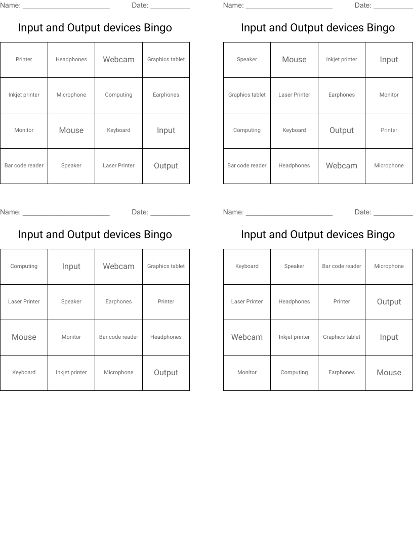 Input and Output devices Bingo
