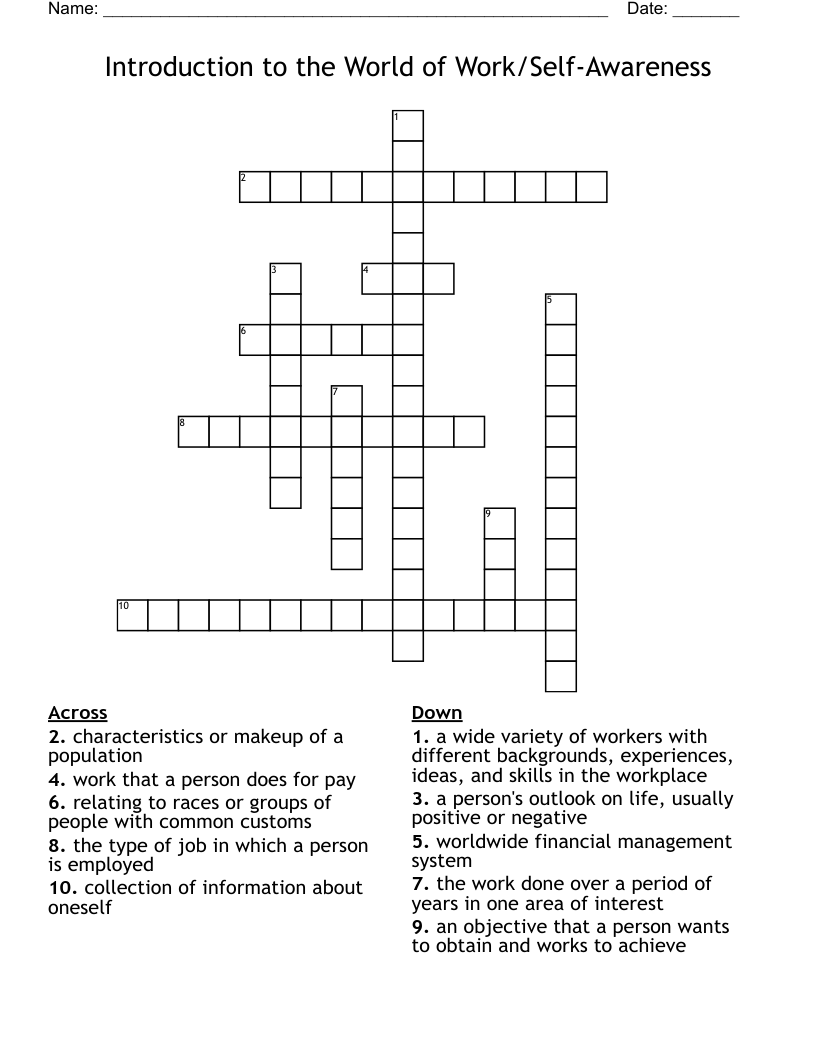 Introduction to the World of Work/Self-Awareness      Crossword