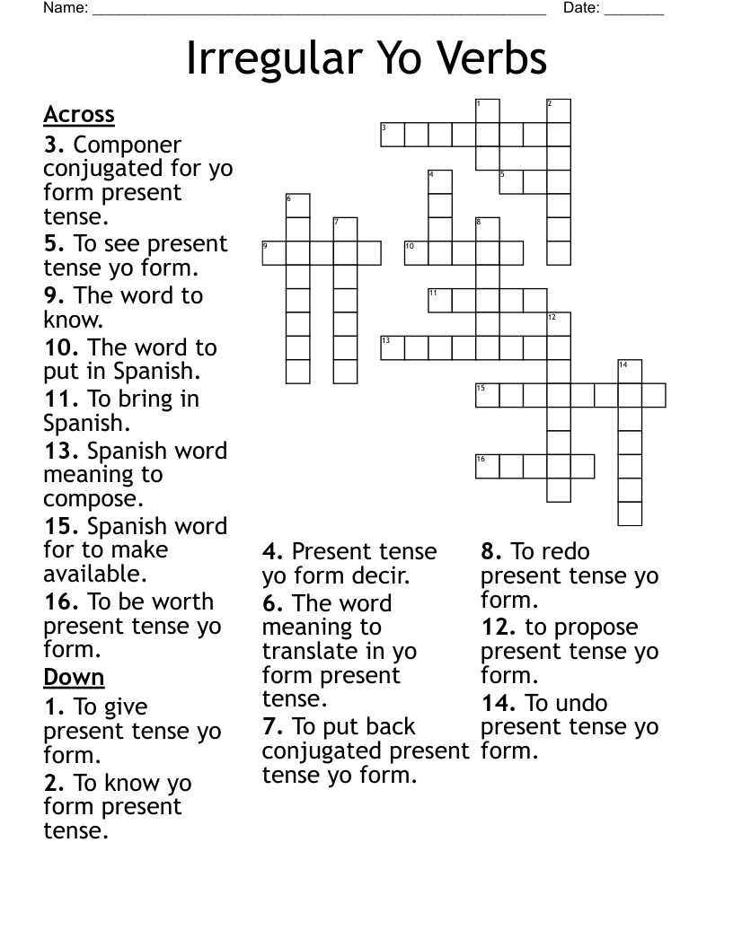 Irregular Yo Verbs Crossword
