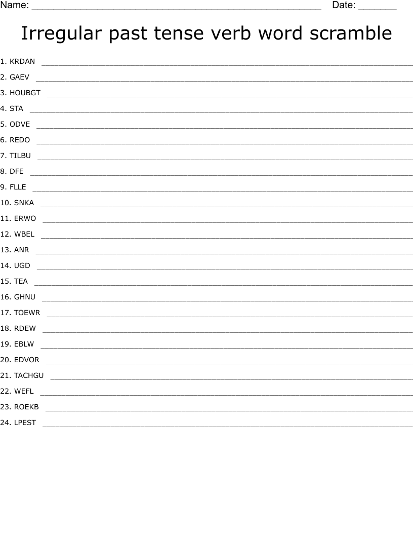 Irregular past tense verb word scramble