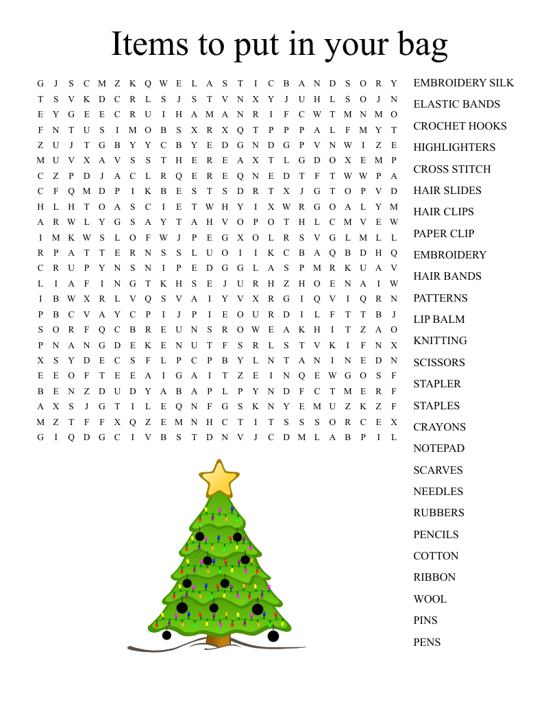 Items to put in your bag Word Search