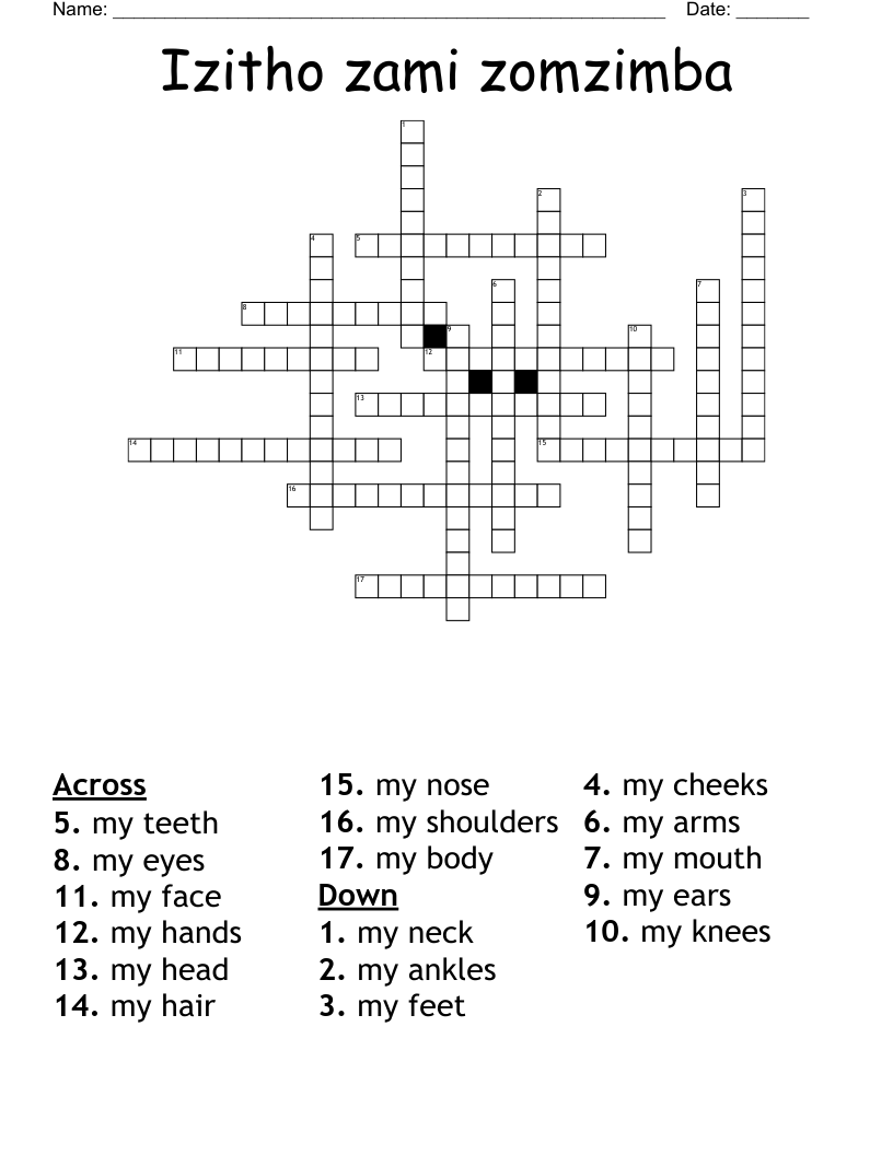 Izitho zami zomzimba Crossword