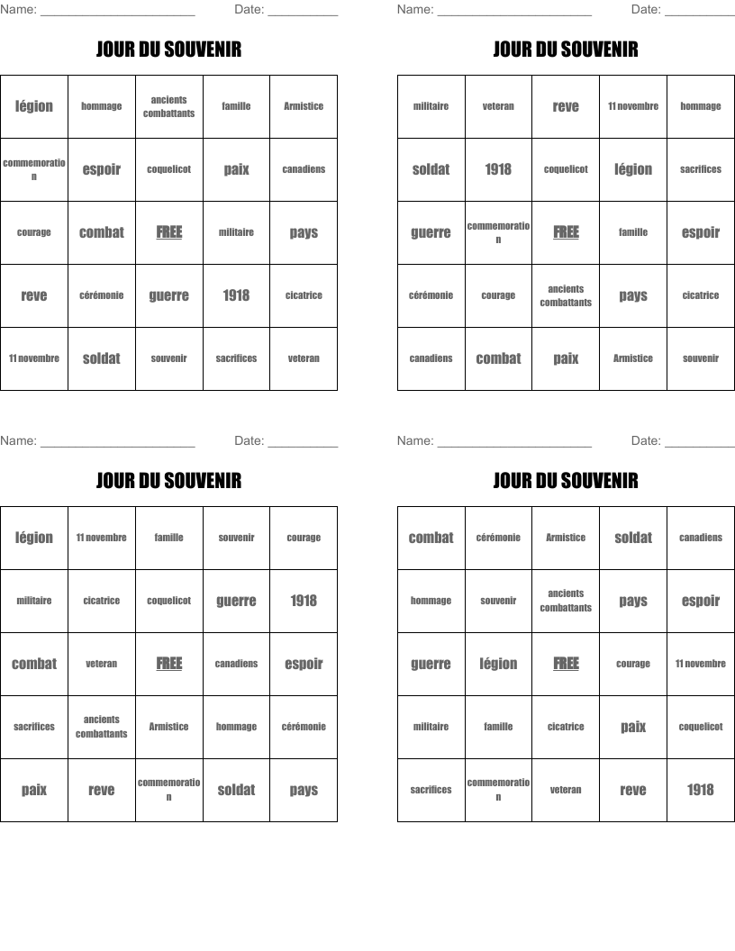 JOUR DU SOUVENIR Bingo Cards