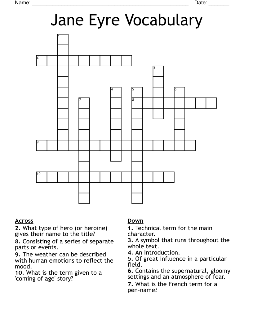 Jane Eyre Vocabulary Crossword