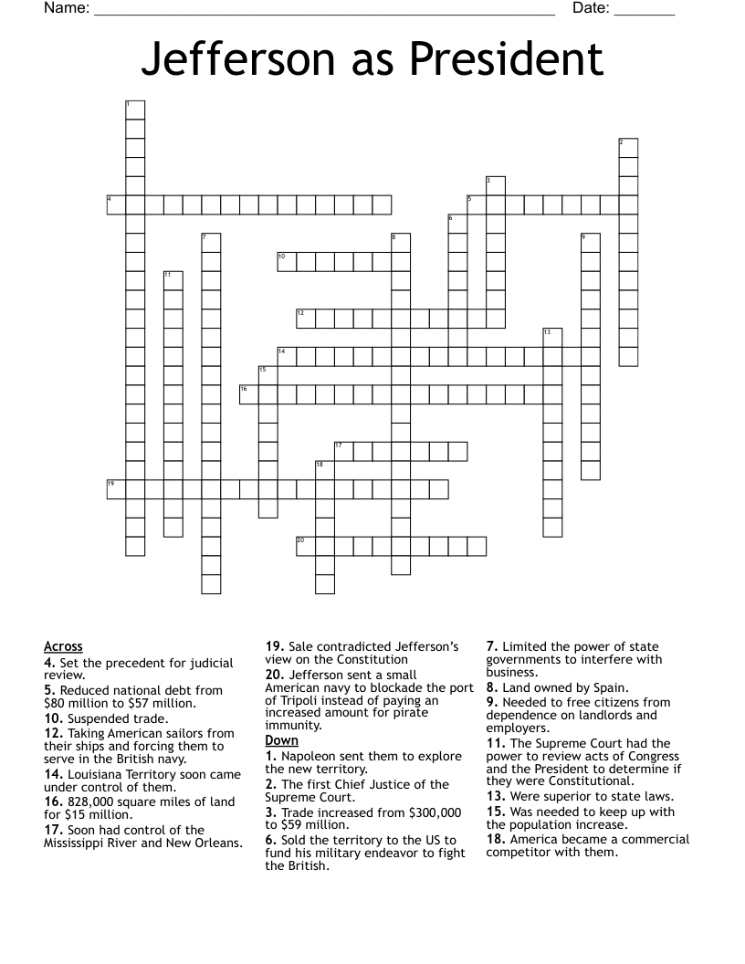 Jefferson as President Crossword