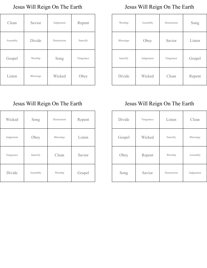 Jesus Will Reign On The Earth Bingo Cards