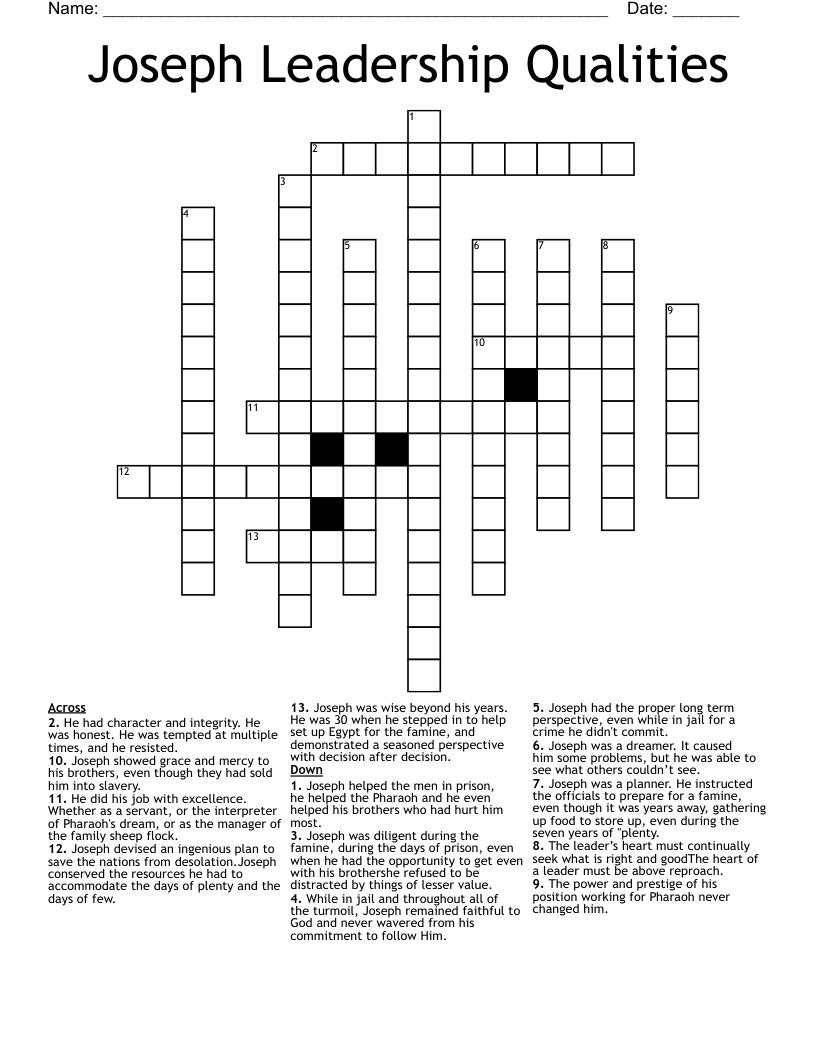 Joseph Leadership Qualities Crossword