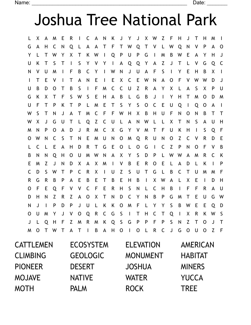 Joshua Tree National Park Word Search