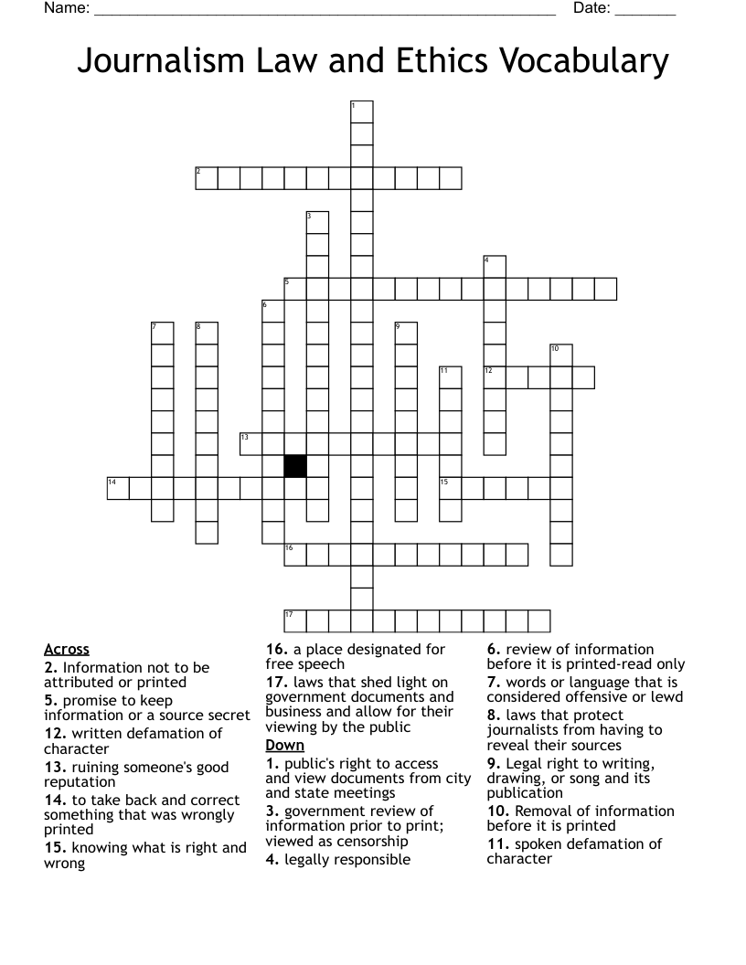 Journalism Law and Ethics Vocabulary Crossword