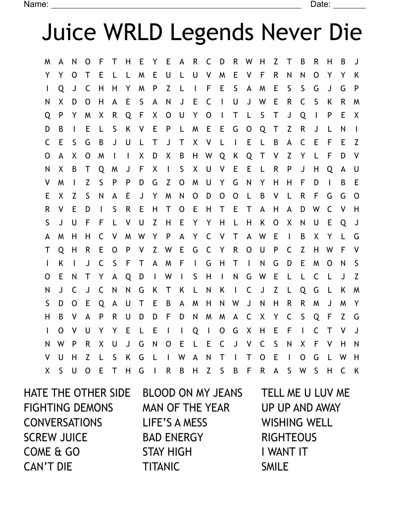 Juice WRLD Legends Never Die Word Search