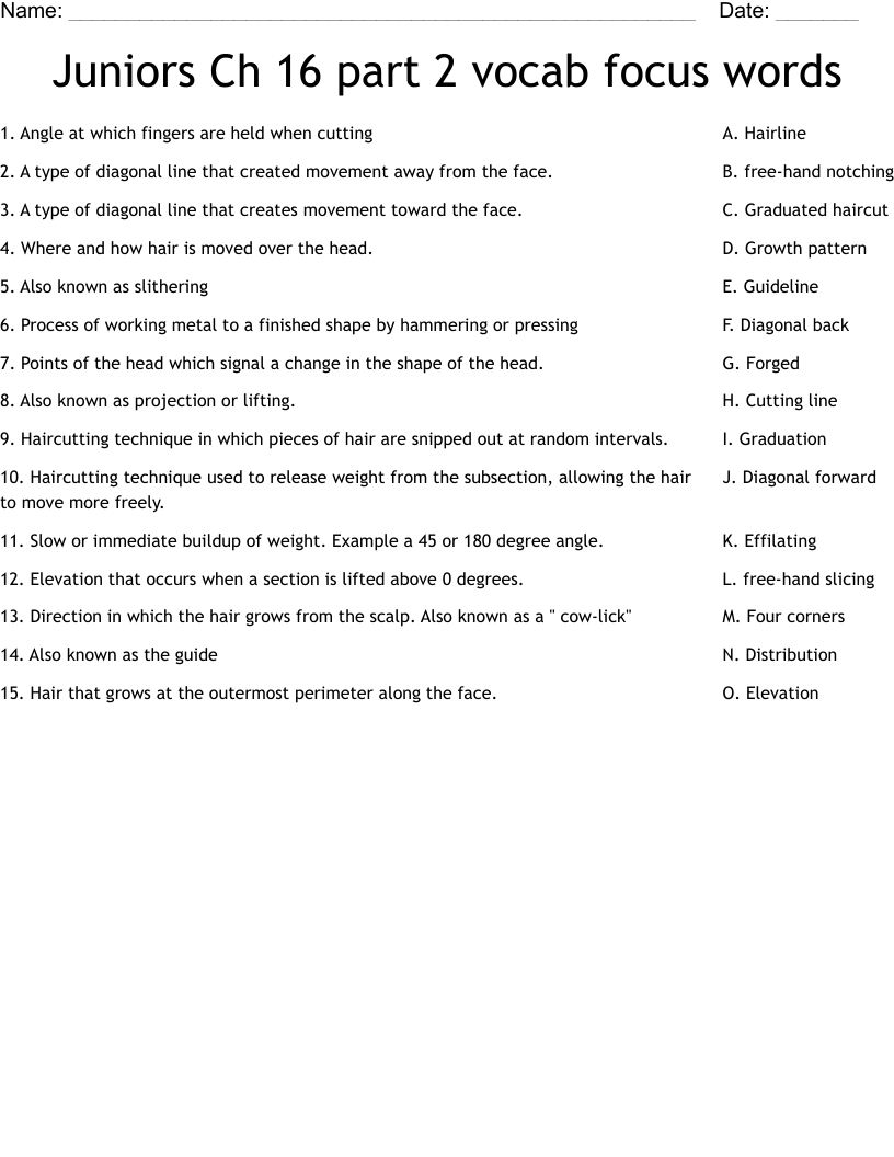Juniors Ch 16 part 2 vocab focus words  Worksheet