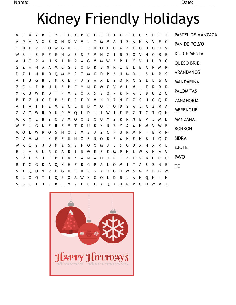 Kidney Friendly Holidays Word Search