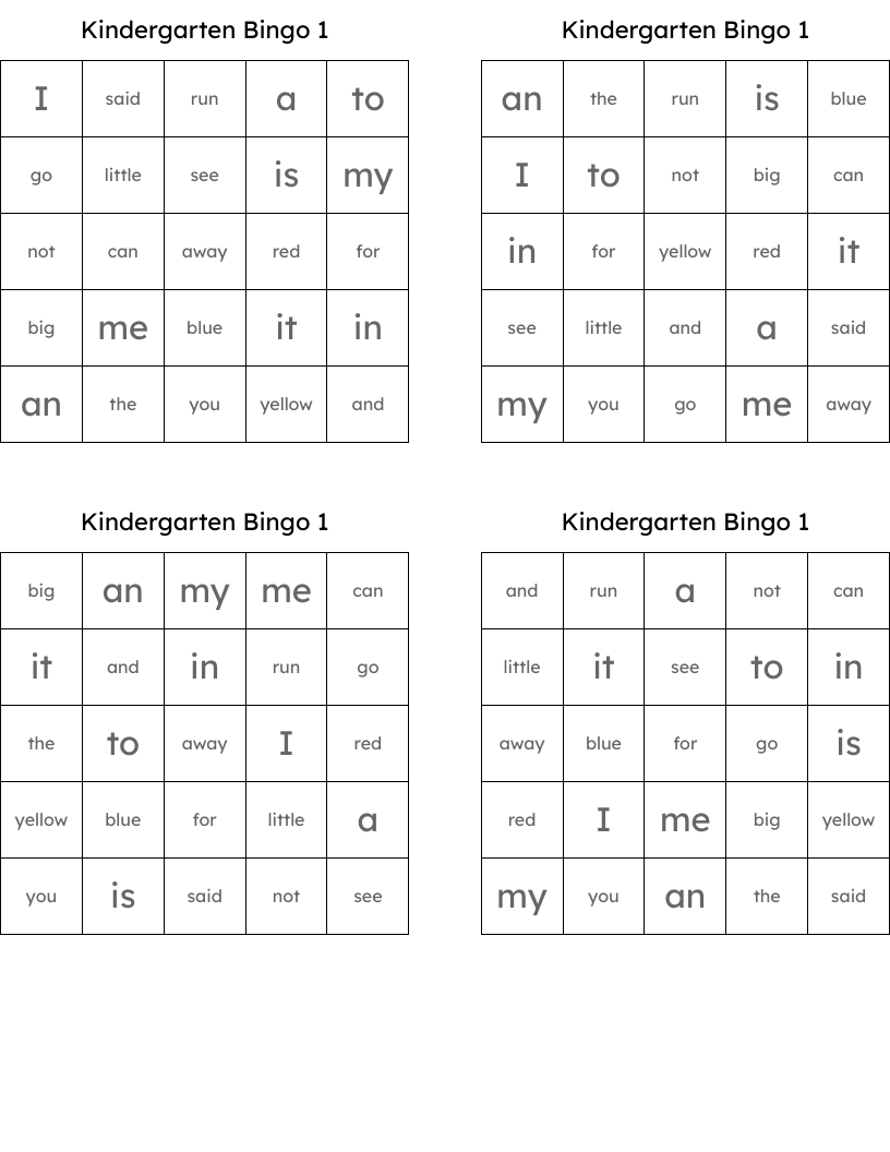Kindergarten Bingo 1