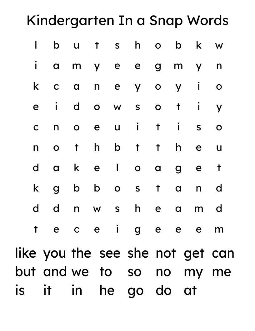 Kindergarten In a Snap Words Word Search