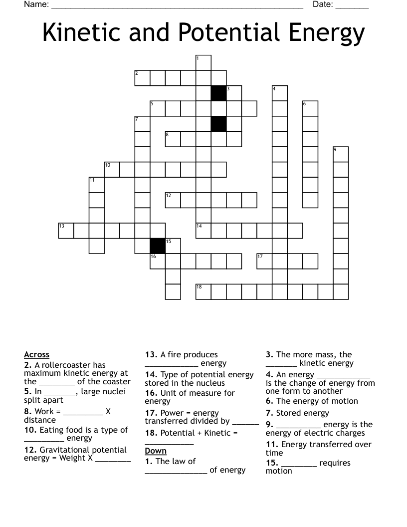 Kinetic and Potential Energy Crossword