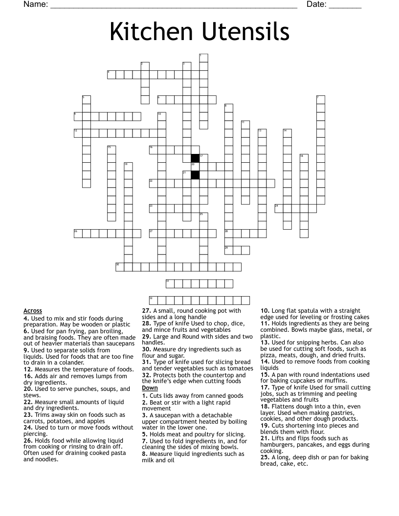 Kitchen Utensils Crossword