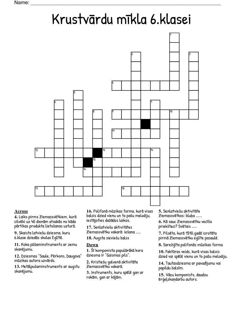 Krustvārdu mīkla 6.klasei Crossword