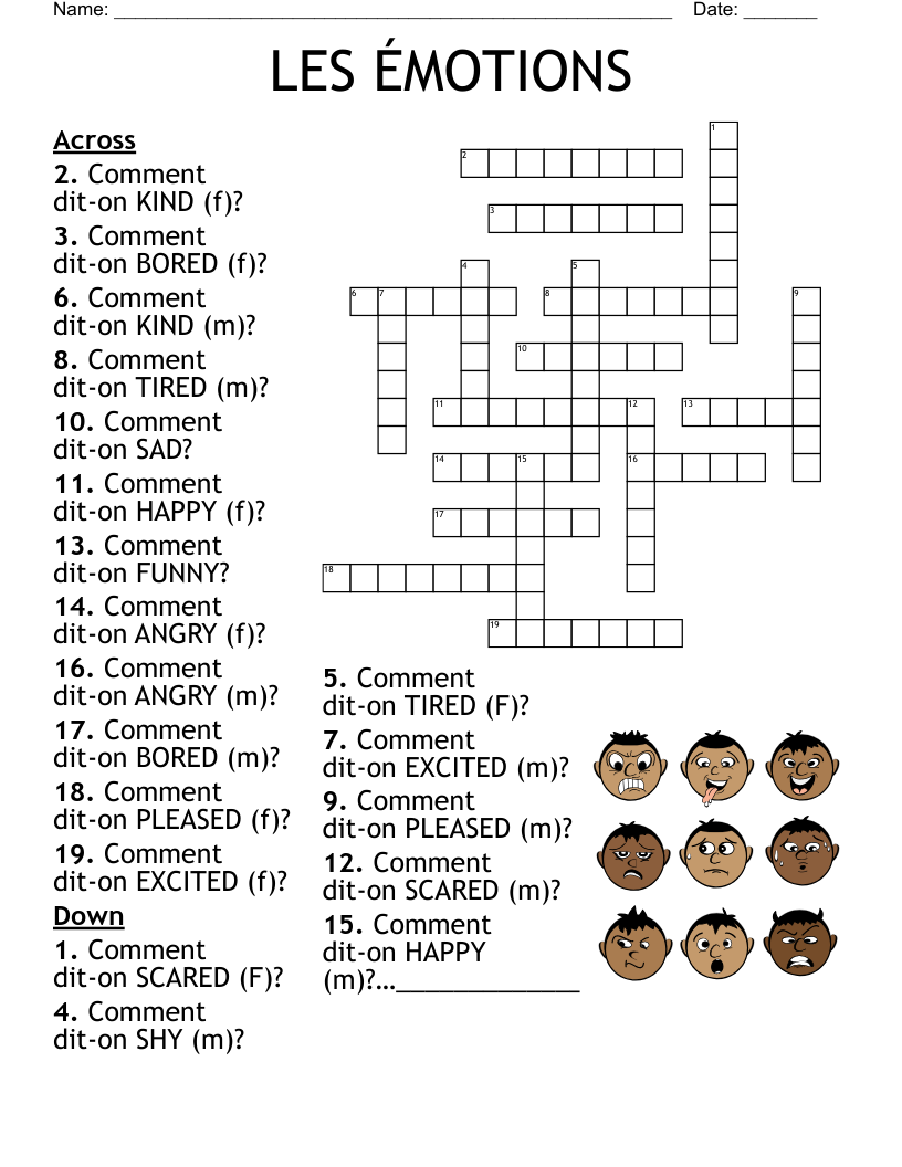 LES ÉMOTIONS Crossword